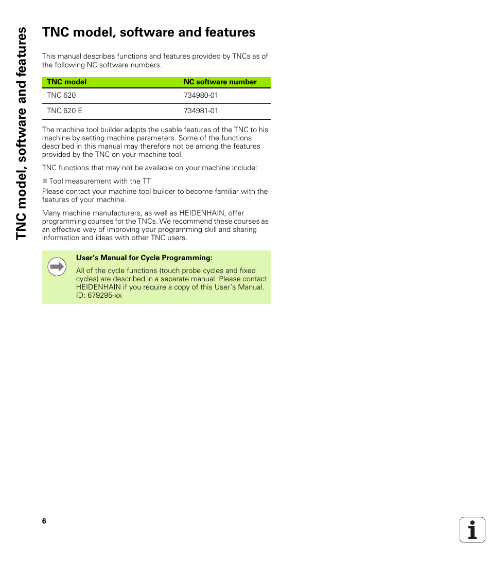 Tnc model, software and features | HEIDENHAIN TNC 620 (73498x-01) ISO programming User Manual | Page 6 / 497