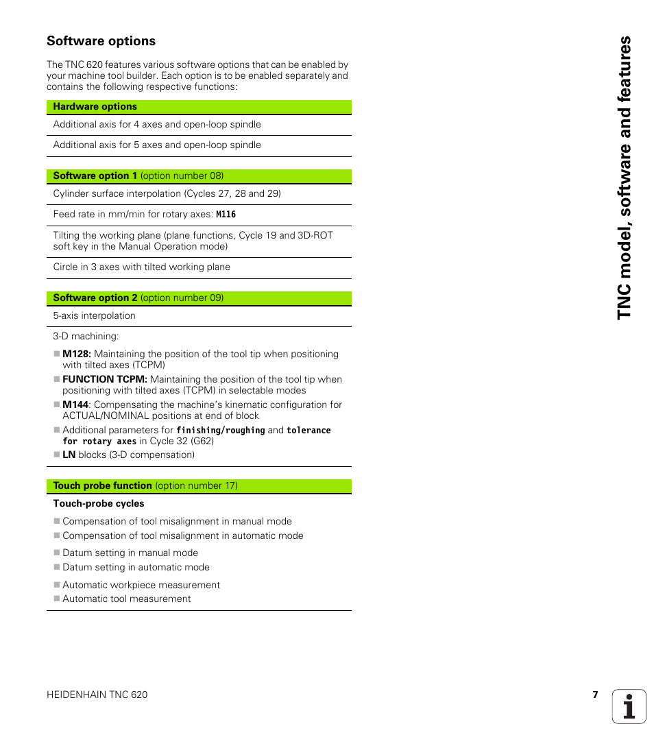 Software options, Tnc model, sof tw a re and f eat ur es | HEIDENHAIN TNC 620 (73498x-01) ISO programming User Manual | Page 7 / 497