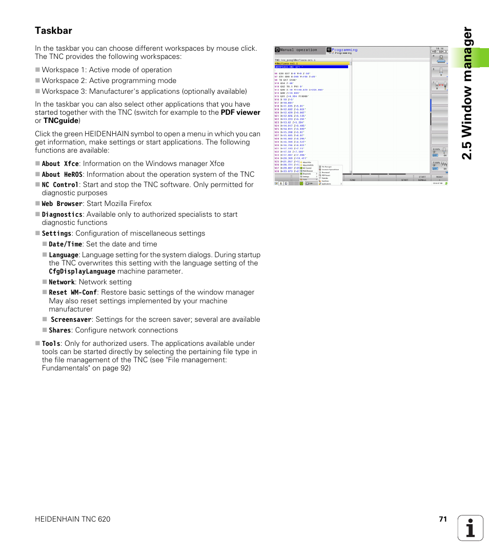 Taskbar, 5 windo w manag e r | HEIDENHAIN TNC 620 (73498x-01) ISO programming User Manual | Page 71 / 497