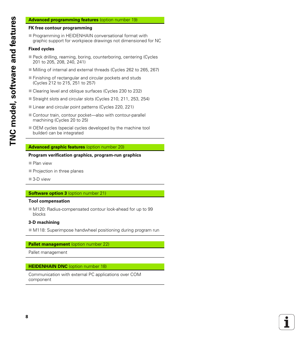 Tnc model, sof tw a re and f eat ur es | HEIDENHAIN TNC 620 (73498x-01) ISO programming User Manual | Page 8 / 497