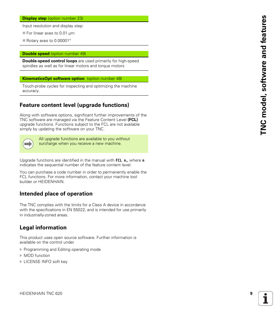 Feature content level (upgrade functions), Intended place of operation, Legal information | Tnc model, sof tw a re and f eat ur es | HEIDENHAIN TNC 620 (73498x-01) ISO programming User Manual | Page 9 / 497