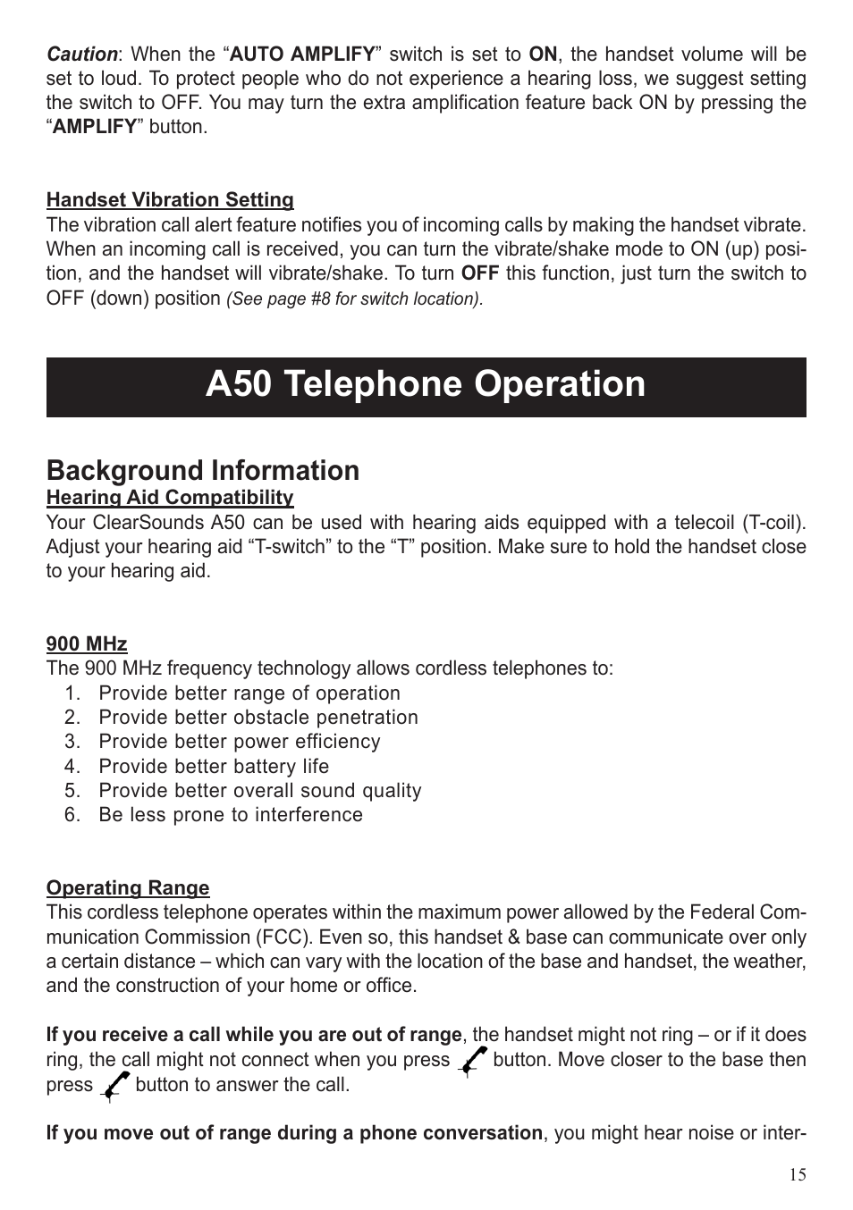 A50 telephone operation, Background information | ClearSounds A50 User Manual | Page 17 / 89