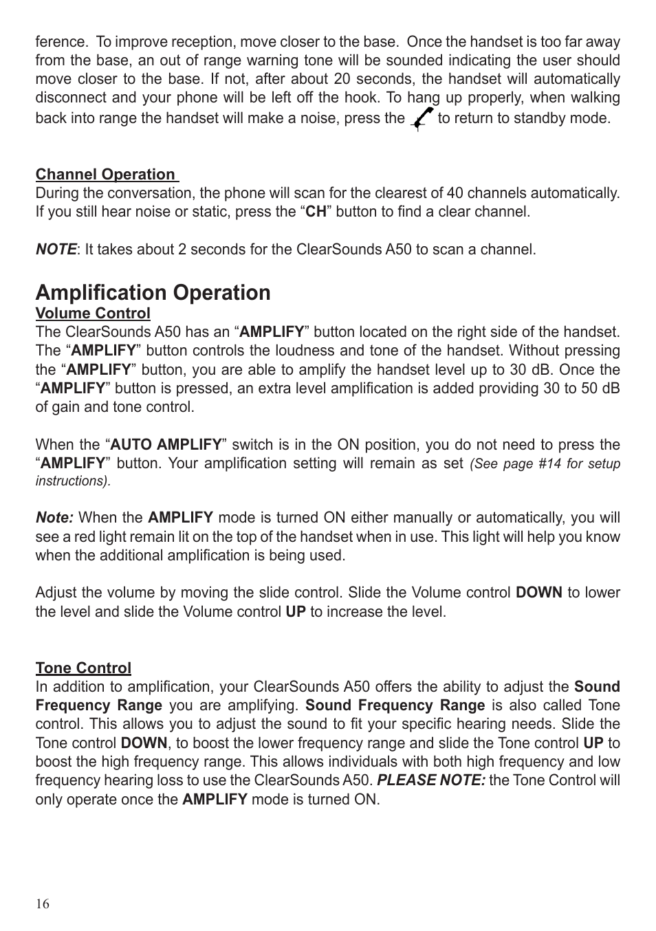 Amplification operation | ClearSounds A50 User Manual | Page 18 / 89