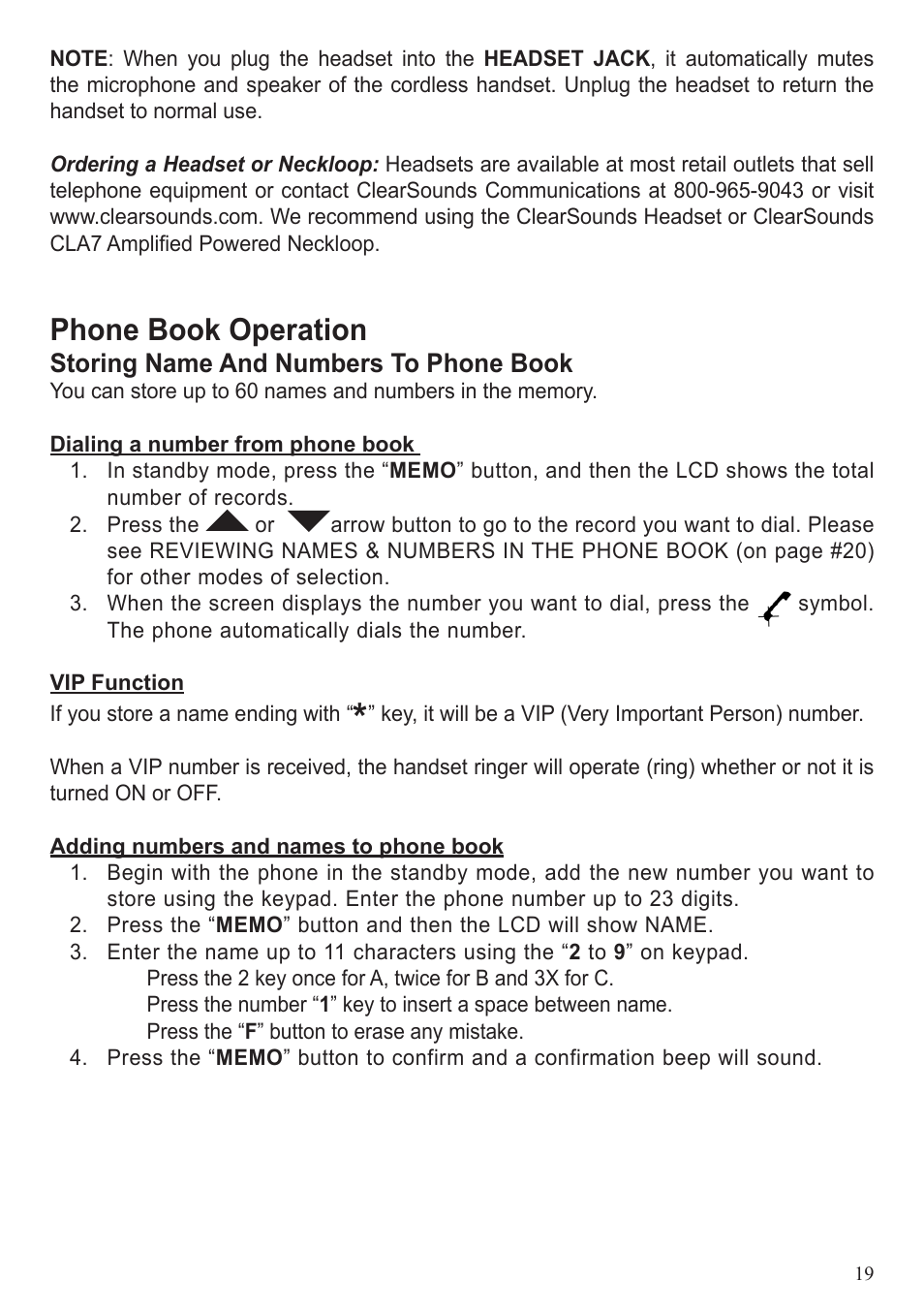 Phone book operation, Storing name and numbers to phone book | ClearSounds A50 User Manual | Page 21 / 89