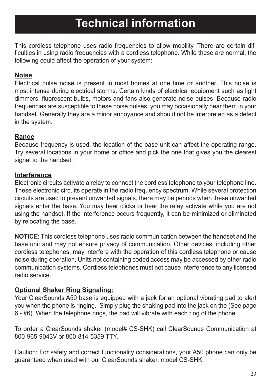 Technical information | ClearSounds A50 User Manual | Page 25 / 89