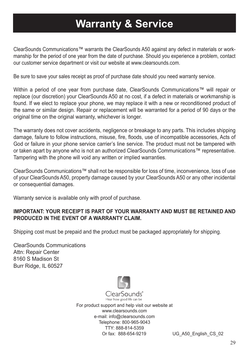 Warranty & service | ClearSounds A50 User Manual | Page 31 / 89