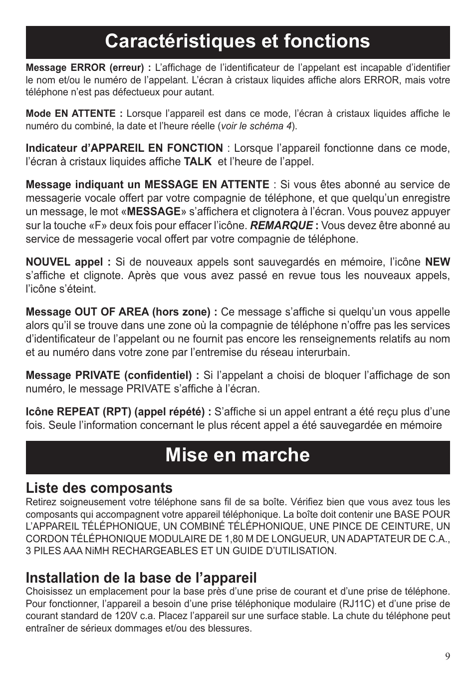 Caractéristiques et fonctions, Mise en marche, Liste des composants | Installation de la base de l’appareil | ClearSounds A50 User Manual | Page 40 / 89