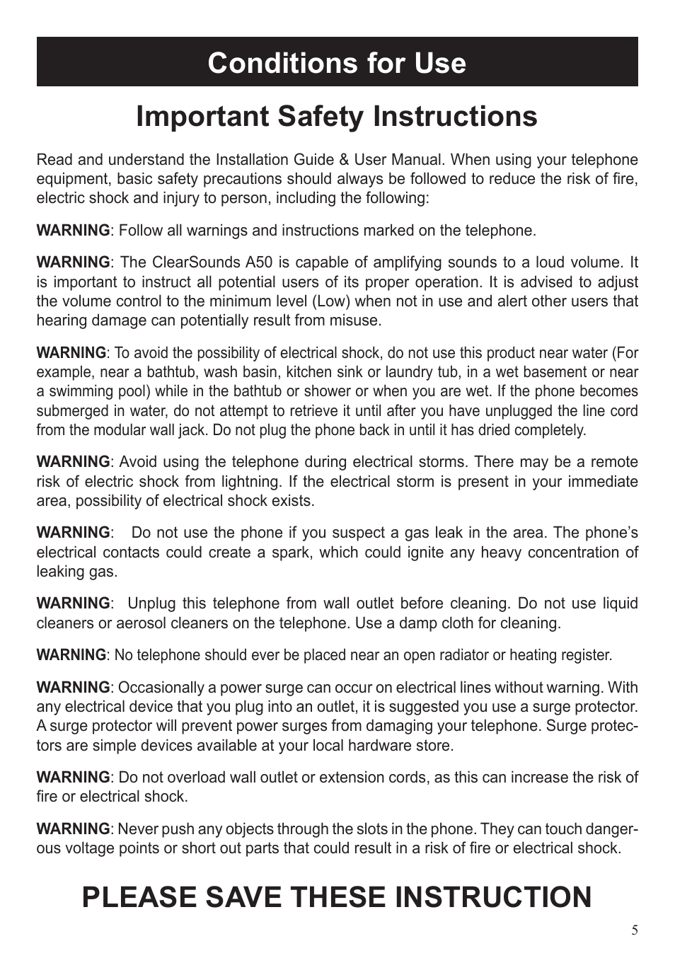Conditions for use important safety instructions, Please save these instruction | ClearSounds A50 User Manual | Page 5 / 89