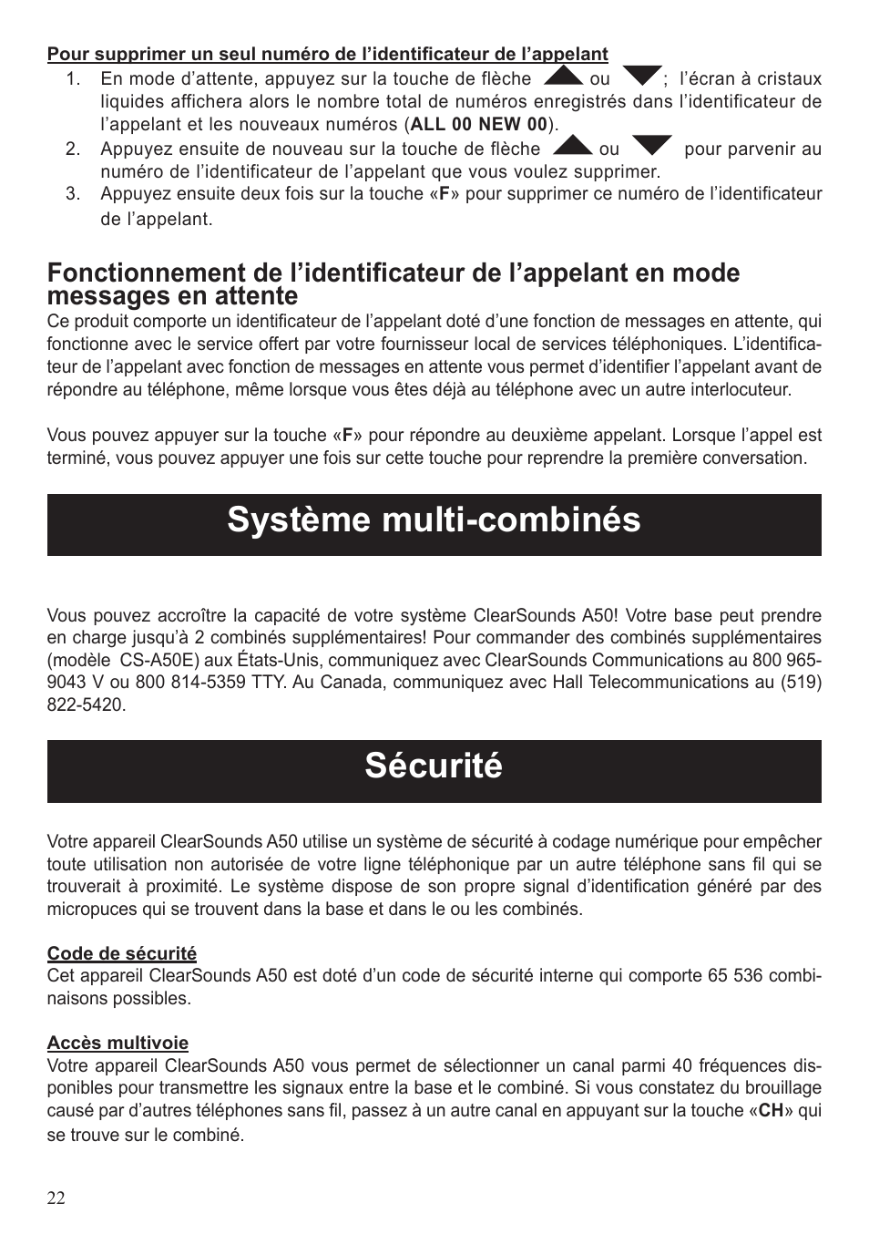 Système multi-combinés, Sécurité | ClearSounds A50 User Manual | Page 53 / 89