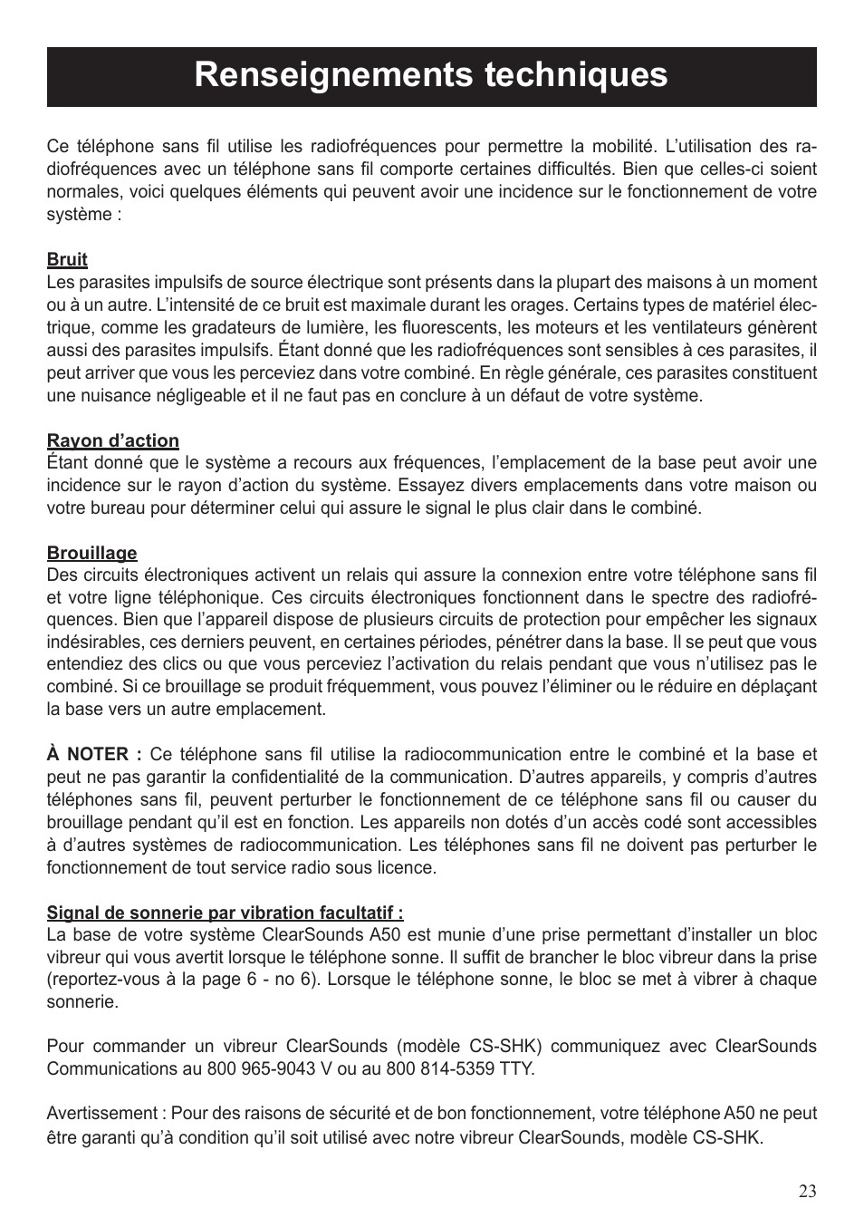 Renseignements techniques | ClearSounds A50 User Manual | Page 54 / 89