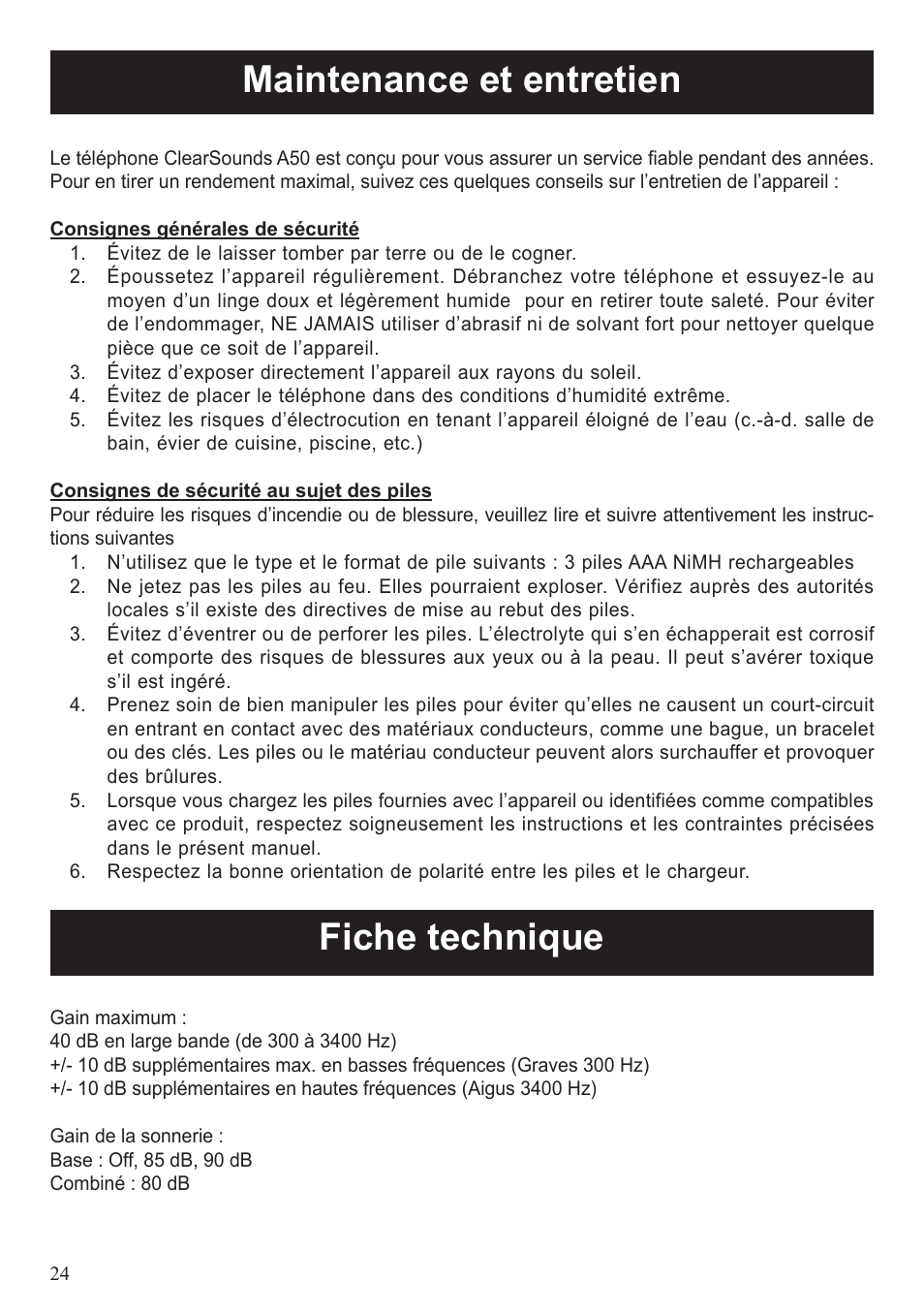 Maintenance et entretien, Fiche technique | ClearSounds A50 User Manual | Page 55 / 89