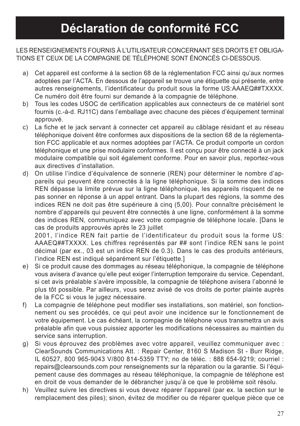 Déclaration de conformité fcc | ClearSounds A50 User Manual | Page 58 / 89
