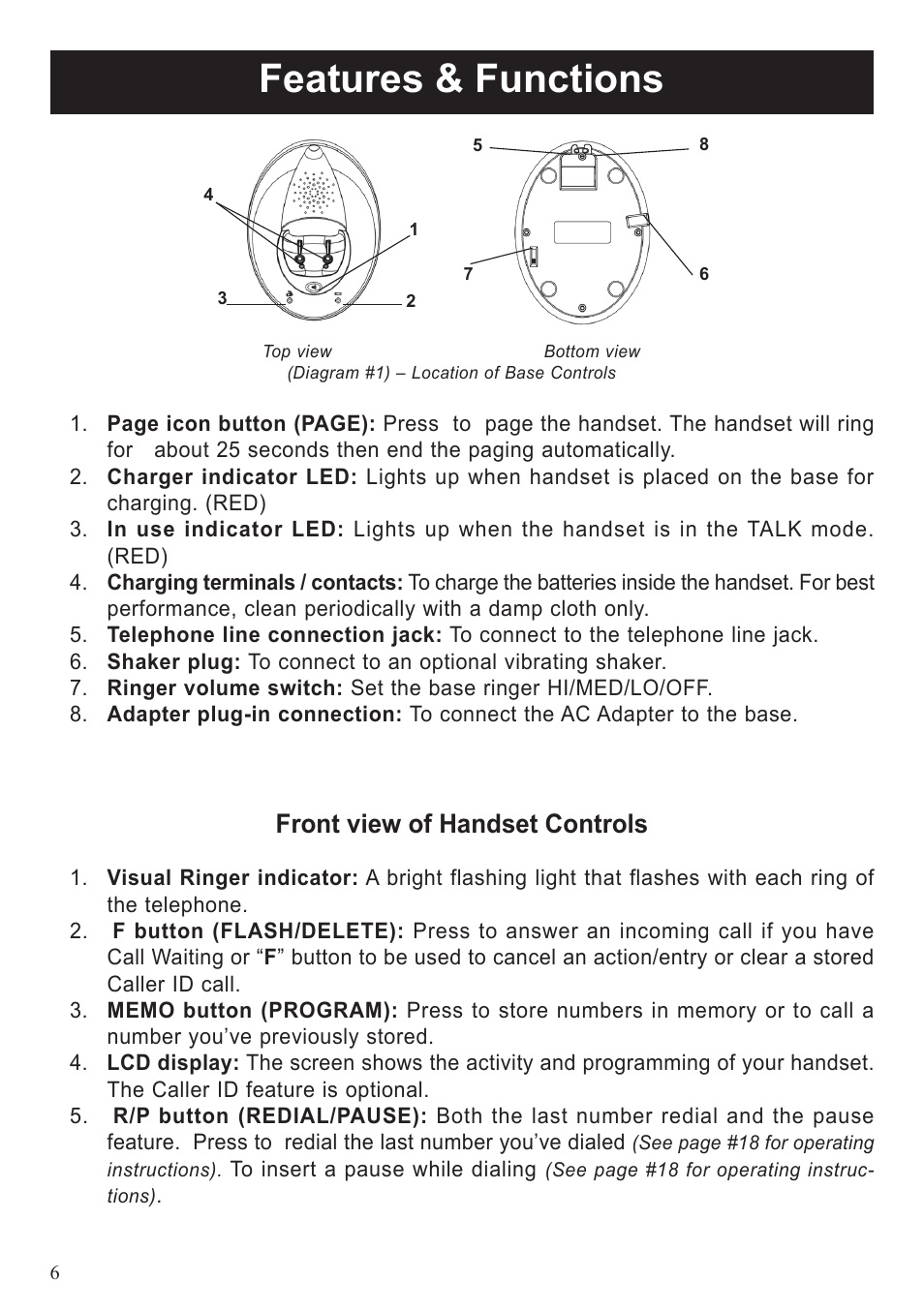 Features & functions, Front view of handset controls | ClearSounds A50 User Manual | Page 6 / 89
