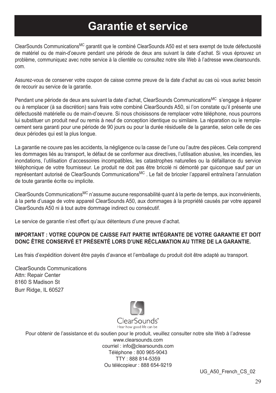 Garantie et service | ClearSounds A50 User Manual | Page 60 / 89