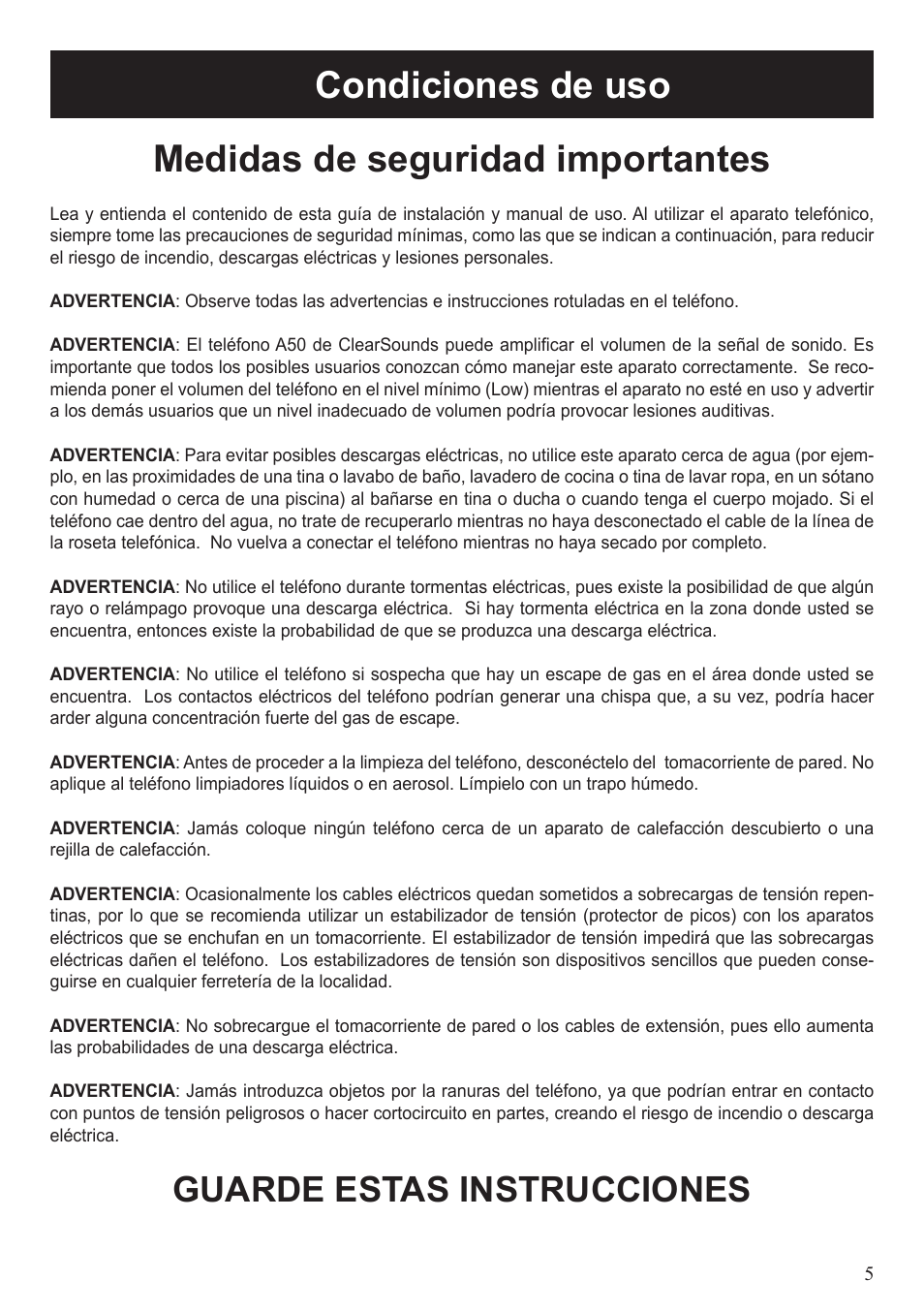 Guarde estas instrucciones | ClearSounds A50 User Manual | Page 65 / 89