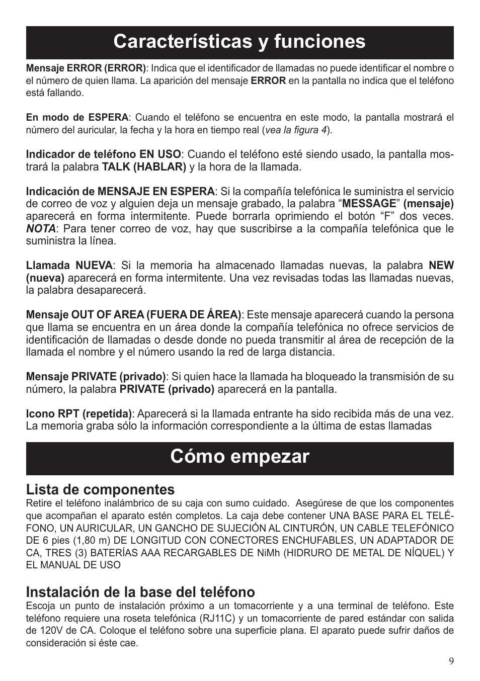Características y funciones, Cómo empezar, Lista de componentes | Instalación de la base del teléfono | ClearSounds A50 User Manual | Page 69 / 89