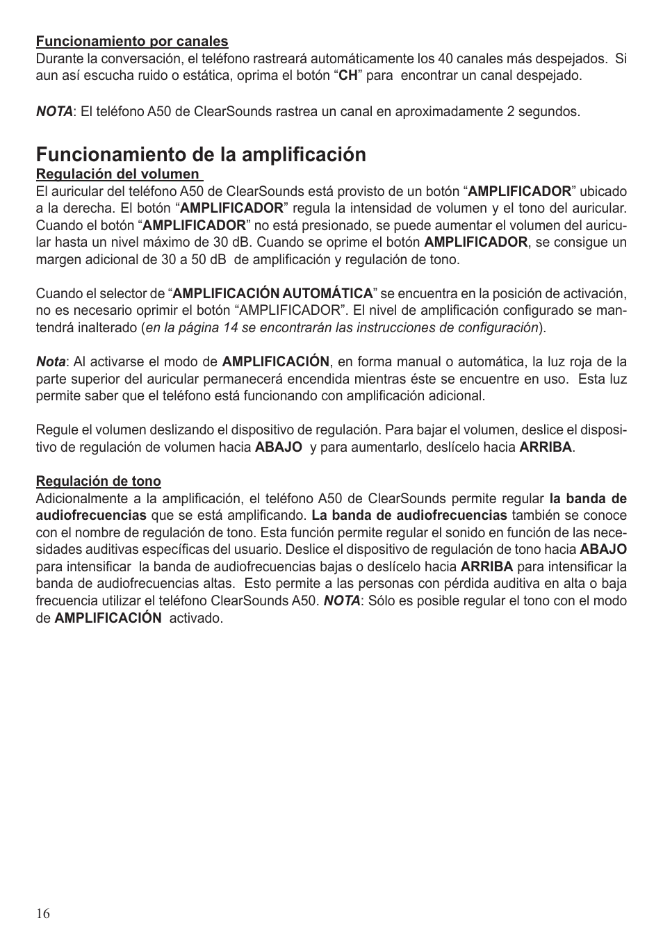 Funcionamiento de la amplificación | ClearSounds A50 User Manual | Page 76 / 89