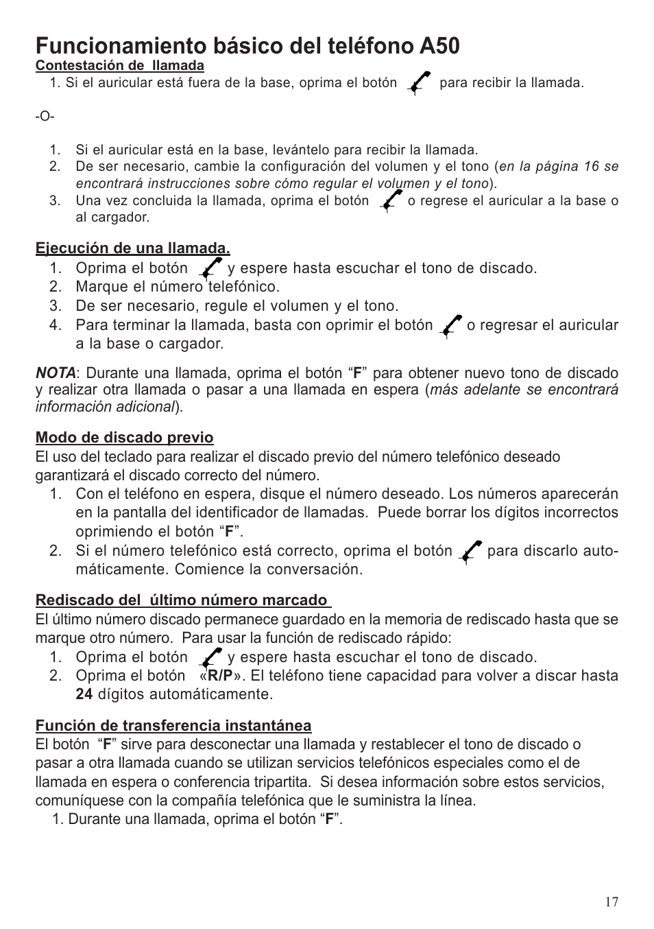 Funcionamiento básico del teléfono a50 | ClearSounds A50 User Manual | Page 77 / 89