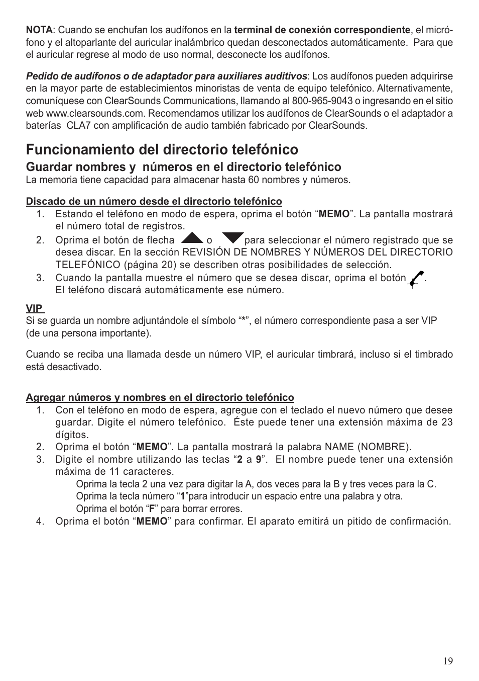 Funcionamiento del directorio telefónico | ClearSounds A50 User Manual | Page 79 / 89