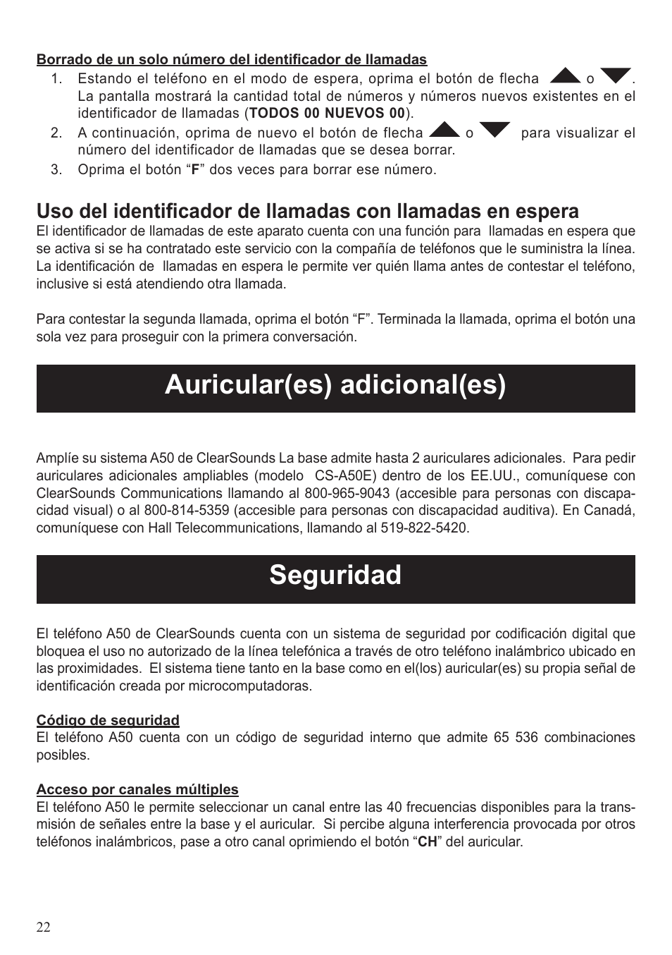 Auricular(es) adicional(es), Seguridad | ClearSounds A50 User Manual | Page 82 / 89