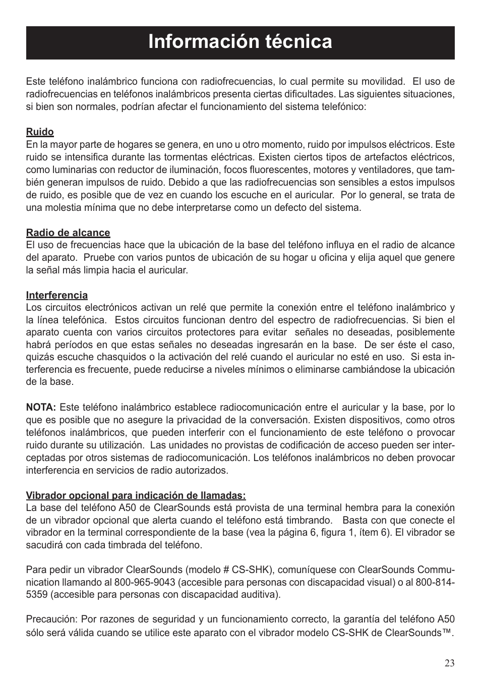 Información técnica | ClearSounds A50 User Manual | Page 83 / 89