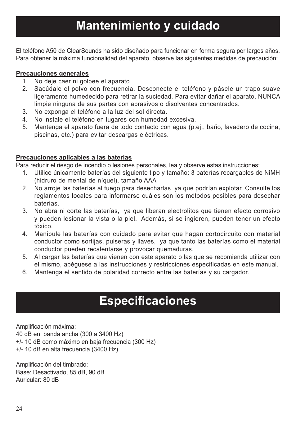 Mantenimiento y cuidado, Especificaciones | ClearSounds A50 User Manual | Page 84 / 89