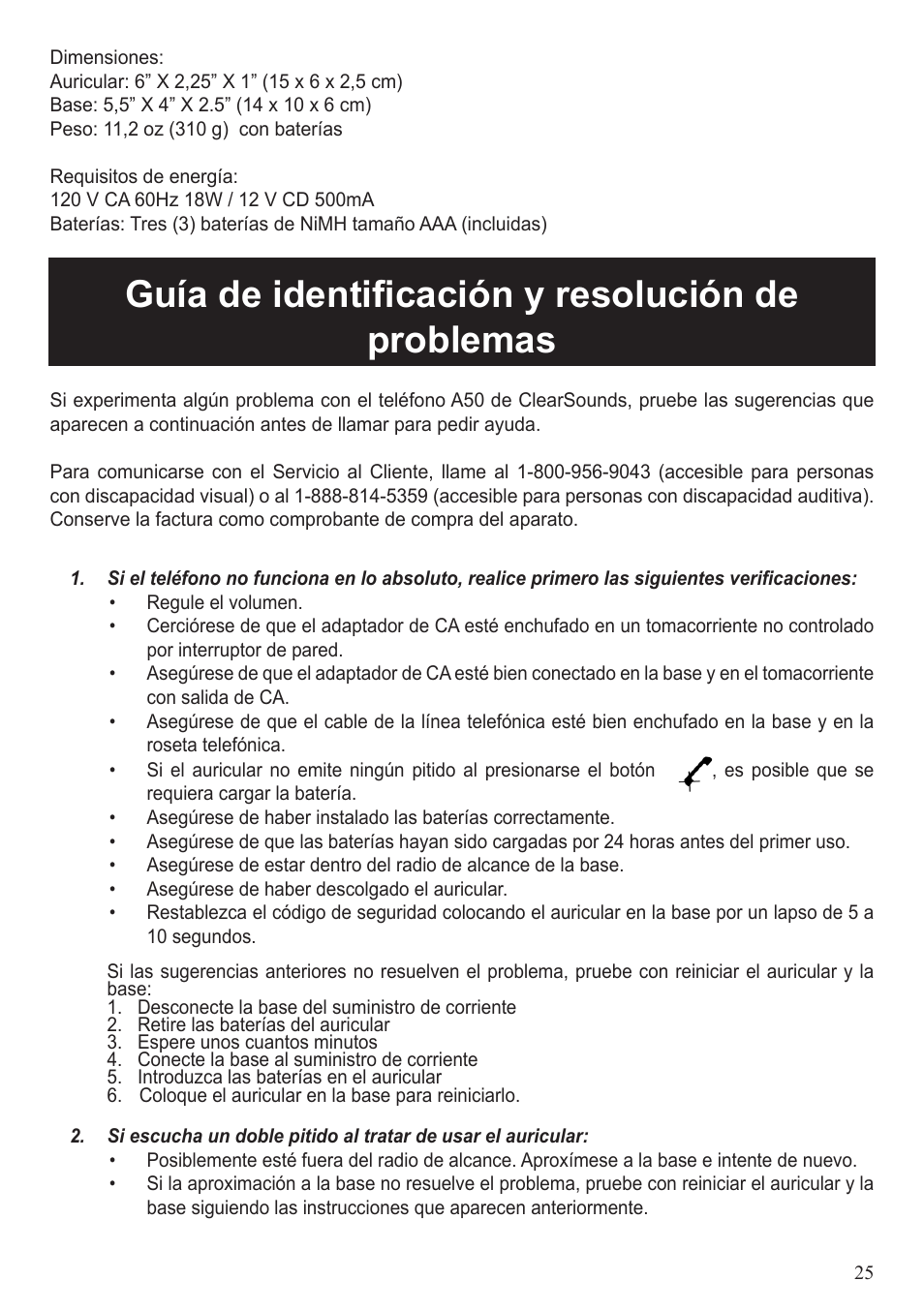 Guía de identificación y resolución de problemas | ClearSounds A50 User Manual | Page 85 / 89