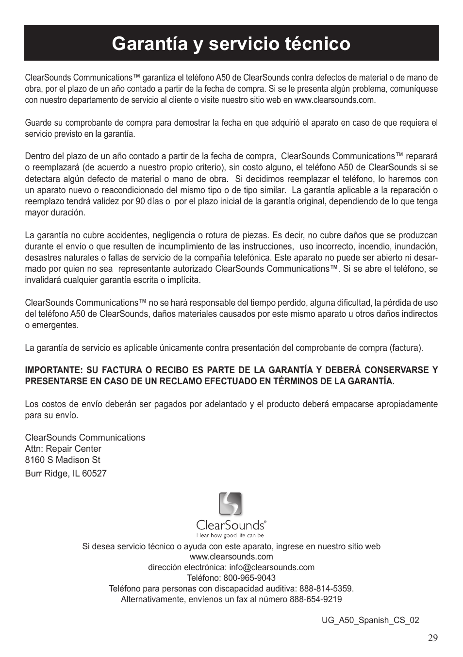 Garantía y servicio técnico | ClearSounds A50 User Manual | Page 89 / 89