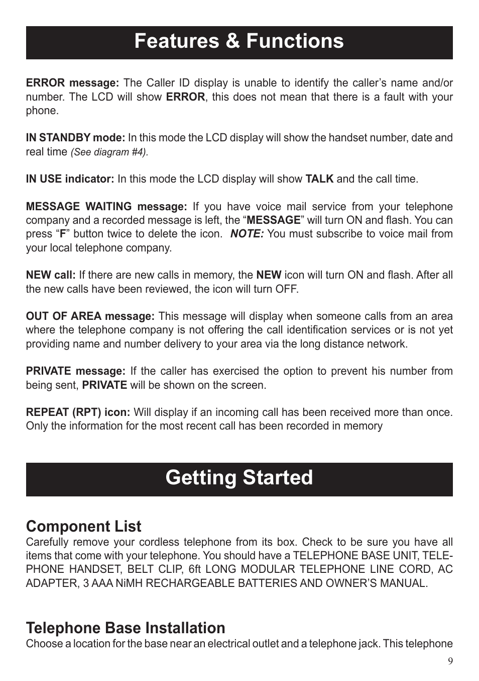 Features & functions, Getting started, Component list | Telephone base installation | ClearSounds A50 User Manual | Page 9 / 89
