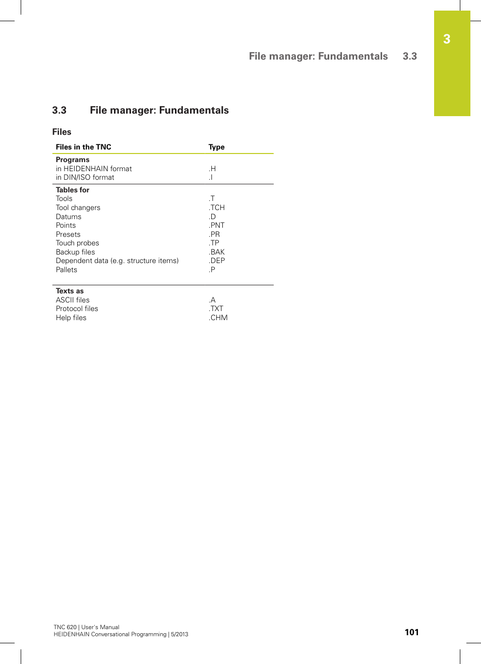 3 file manager: fundamentals, Files, File manager: fundamentals | File manager: fundamentals 3.3 | HEIDENHAIN TNC 620 (73498x-02) User Manual | Page 101 / 599