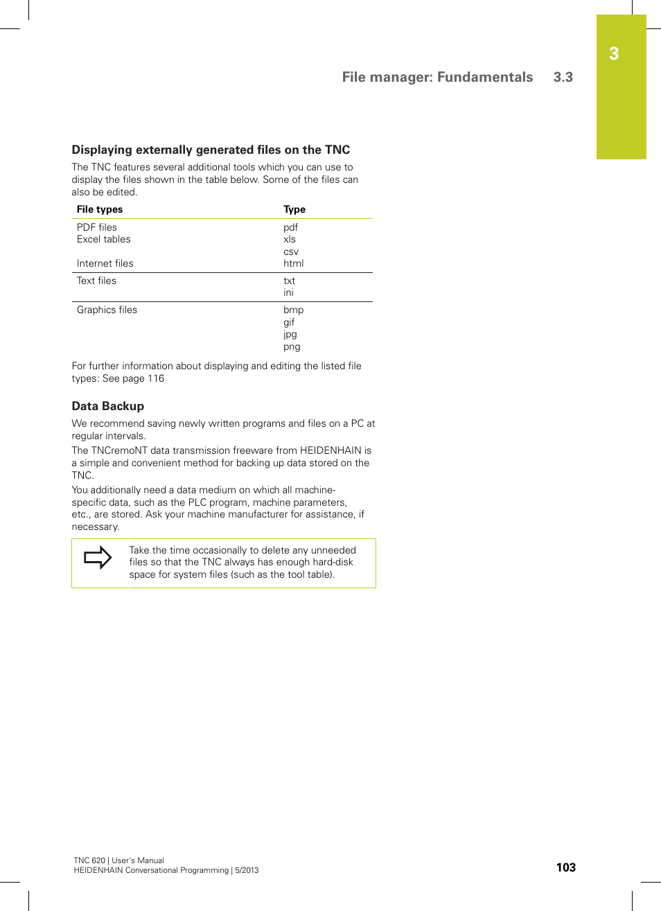 Displaying externally generated files on the tnc, Data backup, File manager: fundamentals 3.3 | HEIDENHAIN TNC 620 (73498x-02) User Manual | Page 103 / 599