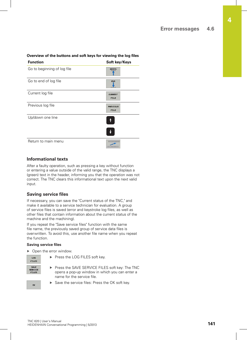 Informational texts, Saving service files, Error messages 4.6 | HEIDENHAIN TNC 620 (73498x-02) User Manual | Page 141 / 599