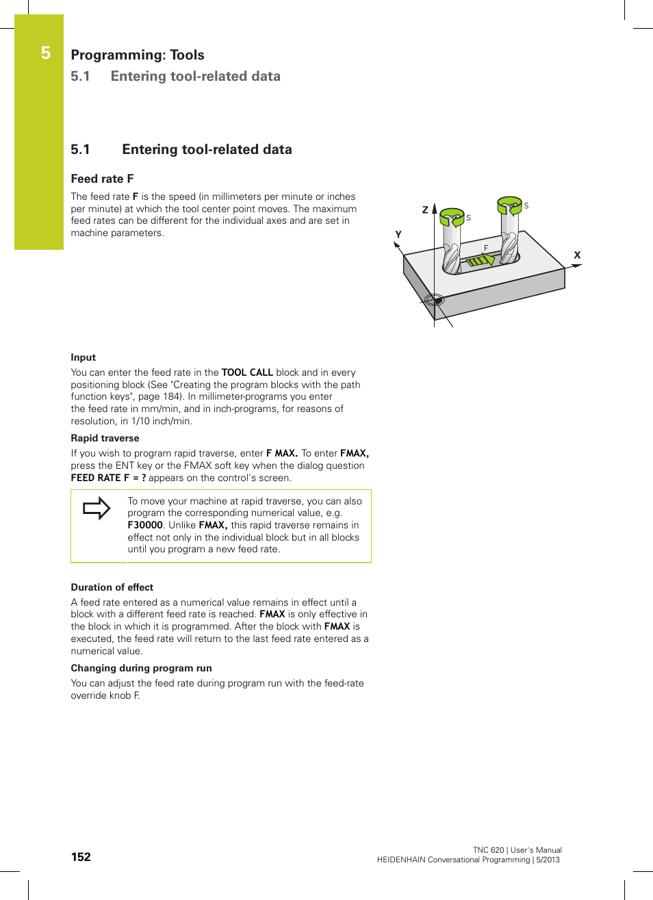 1 entering tool-related data, Feed rate f, Entering tool-related data | Programming: tools 5.1 entering tool-related data | HEIDENHAIN TNC 620 (73498x-02) User Manual | Page 152 / 599