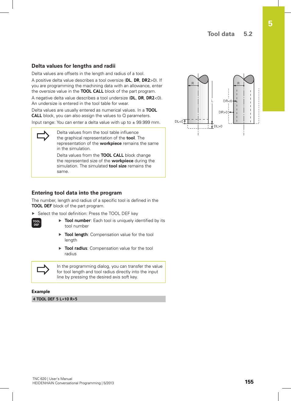 Delta values for lengths and radii, Entering tool data into the program, Tool data 5.2 | HEIDENHAIN TNC 620 (73498x-02) User Manual | Page 155 / 599