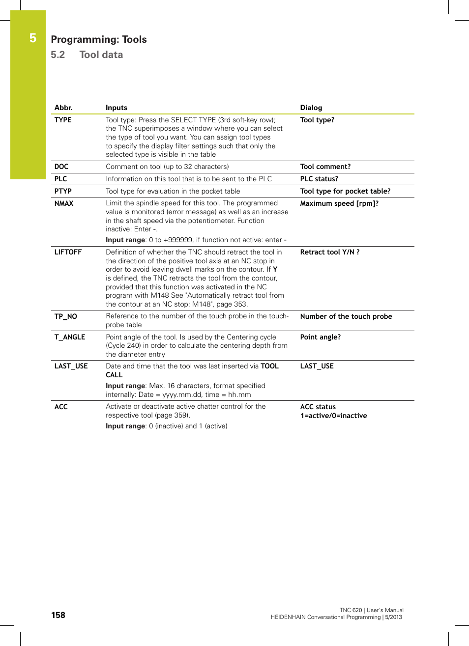 Programming: tools 5.2 tool data | HEIDENHAIN TNC 620 (73498x-02) User Manual | Page 158 / 599