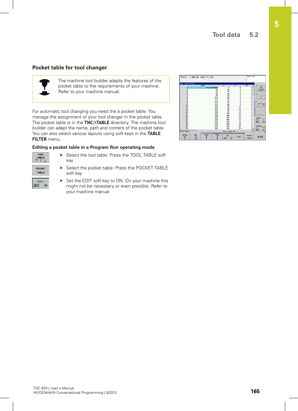 Pocket table for tool changer, Tool data 5.2 | HEIDENHAIN TNC 620 (73498x-02) User Manual | Page 165 / 599