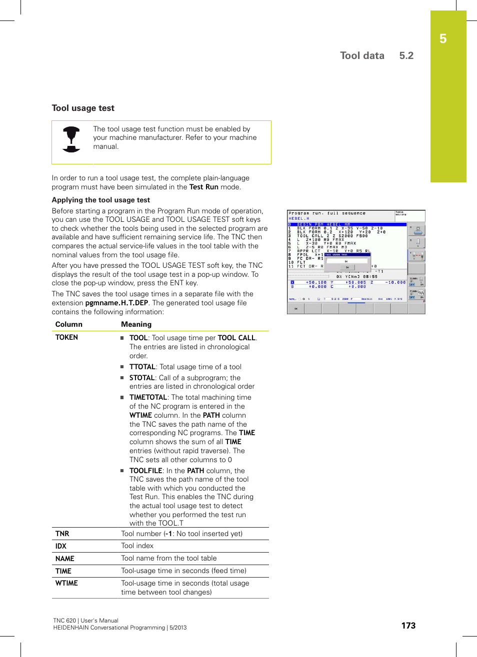 Tool usage test, Tool data 5.2 | HEIDENHAIN TNC 620 (73498x-02) User Manual | Page 173 / 599