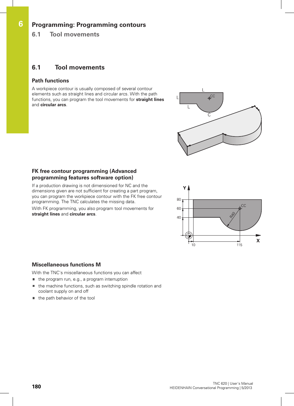 1 tool movements, Path functions, Miscellaneous functions m | Tool movements | HEIDENHAIN TNC 620 (73498x-02) User Manual | Page 180 / 599