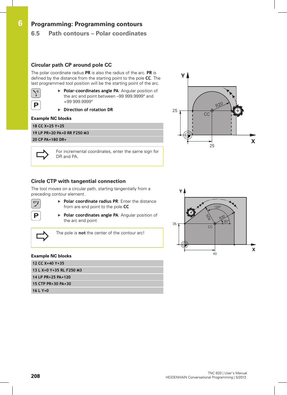 Circular path cp around pole cc, Circle ctp with tangential connection | HEIDENHAIN TNC 620 (73498x-02) User Manual | Page 208 / 599