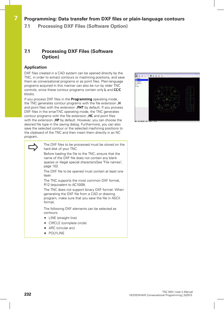 1 processing dxf files (software option), Application, Processing dxf files (software option) | HEIDENHAIN TNC 620 (73498x-02) User Manual | Page 232 / 599