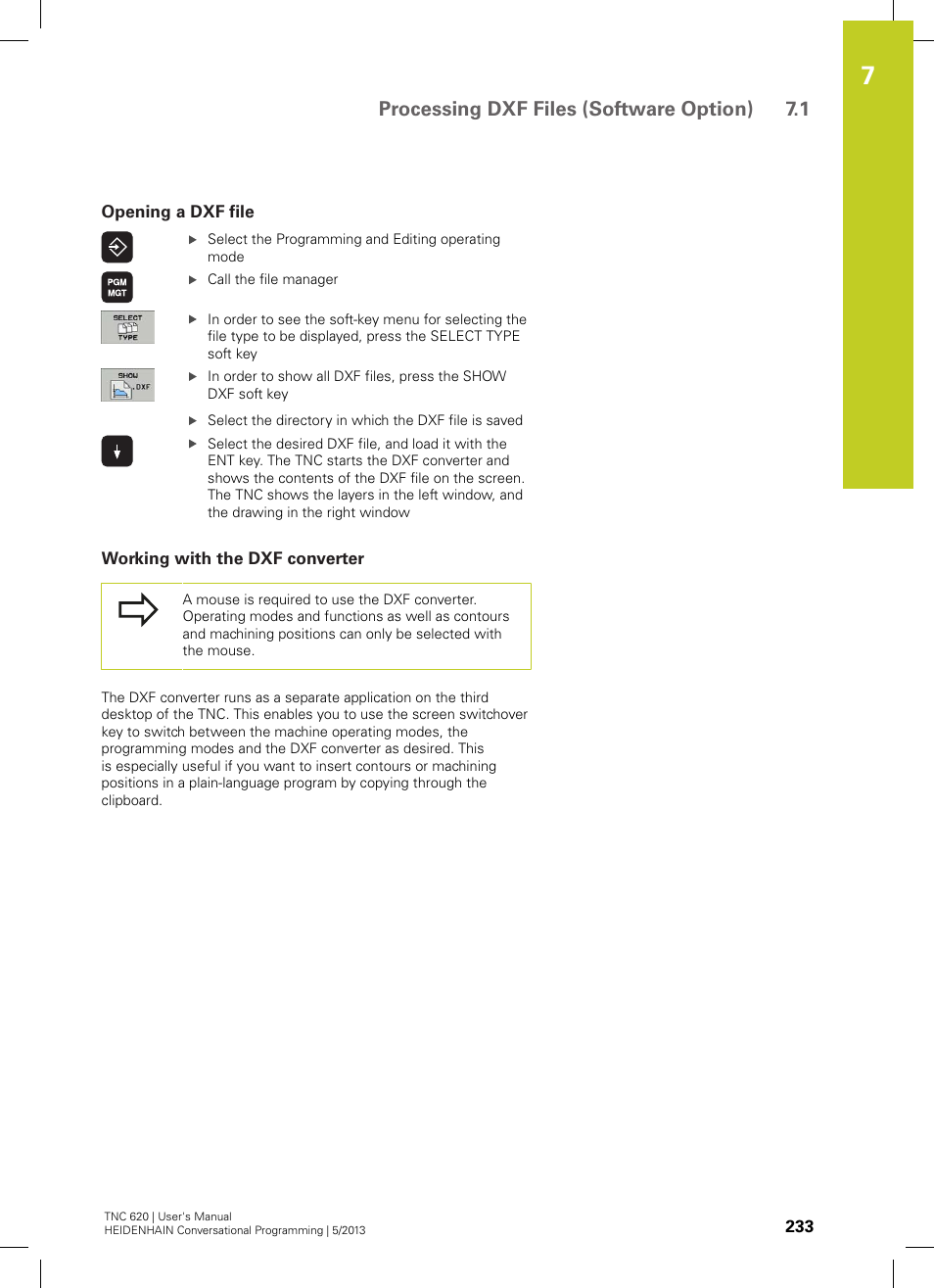 Opening a dxf file, Working with the dxf converter, Processing dxf files (software option) 7.1 | HEIDENHAIN TNC 620 (73498x-02) User Manual | Page 233 / 599