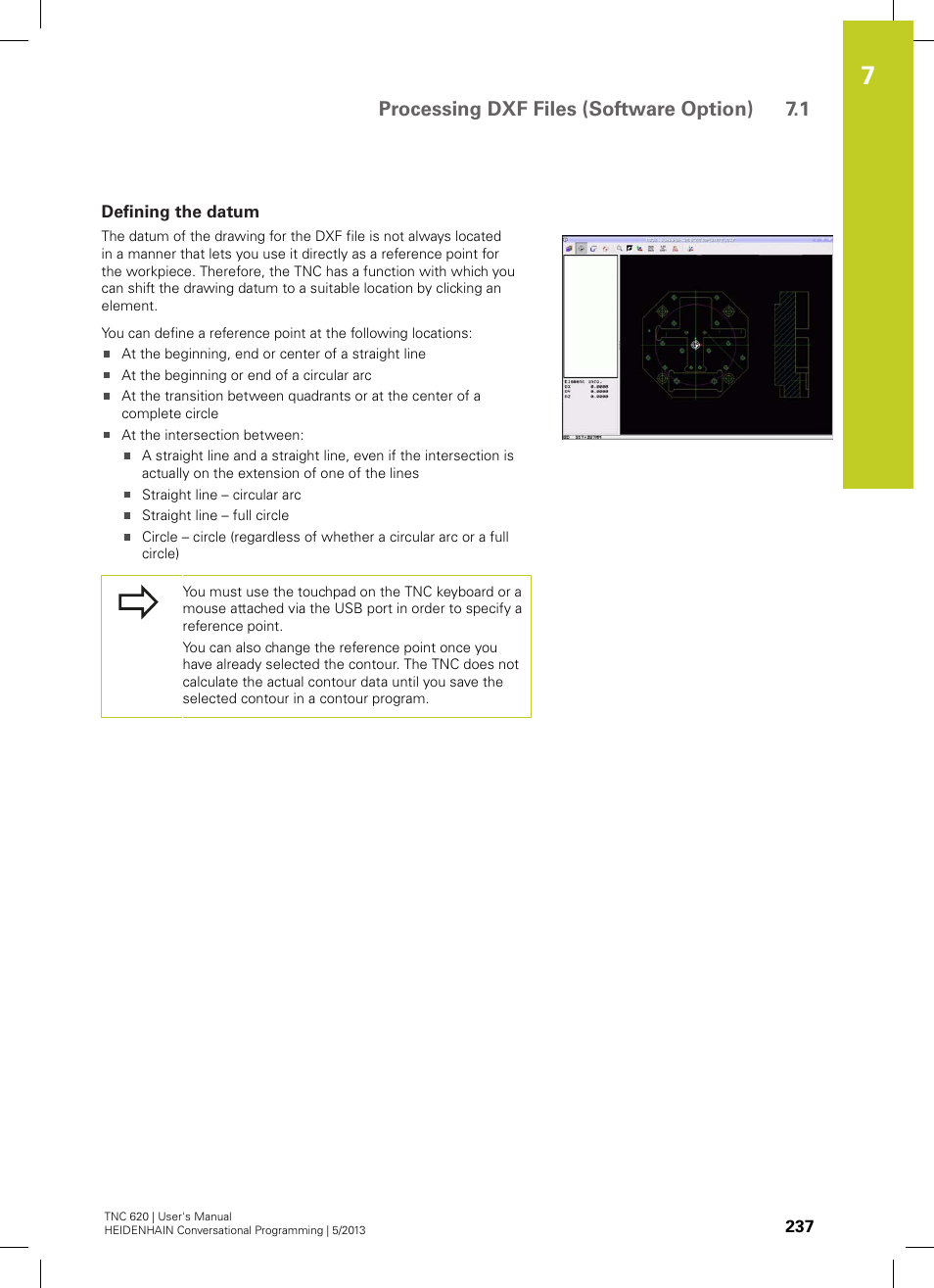 Defining the datum, Processing dxf files (software option) 7.1 | HEIDENHAIN TNC 620 (73498x-02) User Manual | Page 237 / 599