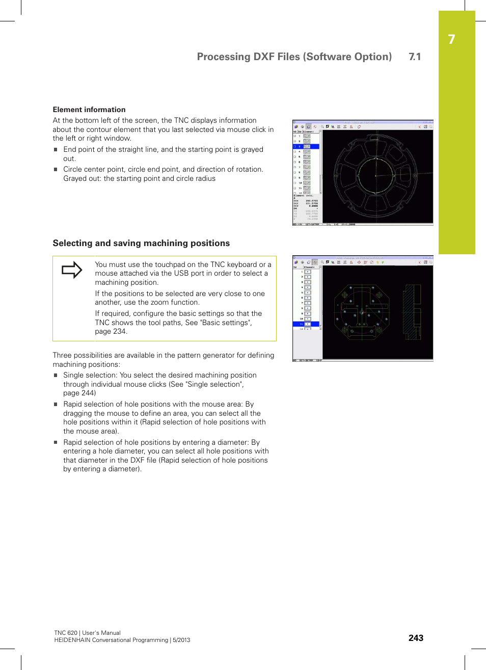 Selecting and saving machining positions, Processing dxf files (software option) 7.1 | HEIDENHAIN TNC 620 (73498x-02) User Manual | Page 243 / 599