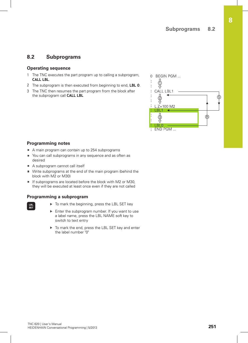 2 subprograms, Operating sequence, Programming notes | Programming a subprogram, Subprograms, Subprograms 8.2 | HEIDENHAIN TNC 620 (73498x-02) User Manual | Page 251 / 599