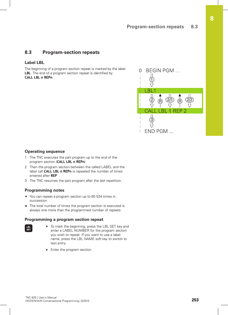 3 program-section repeats, Label lbl, Operating sequence | Programming notes, Programming a program section repeat, Program-section repeats | HEIDENHAIN TNC 620 (73498x-02) User Manual | Page 253 / 599