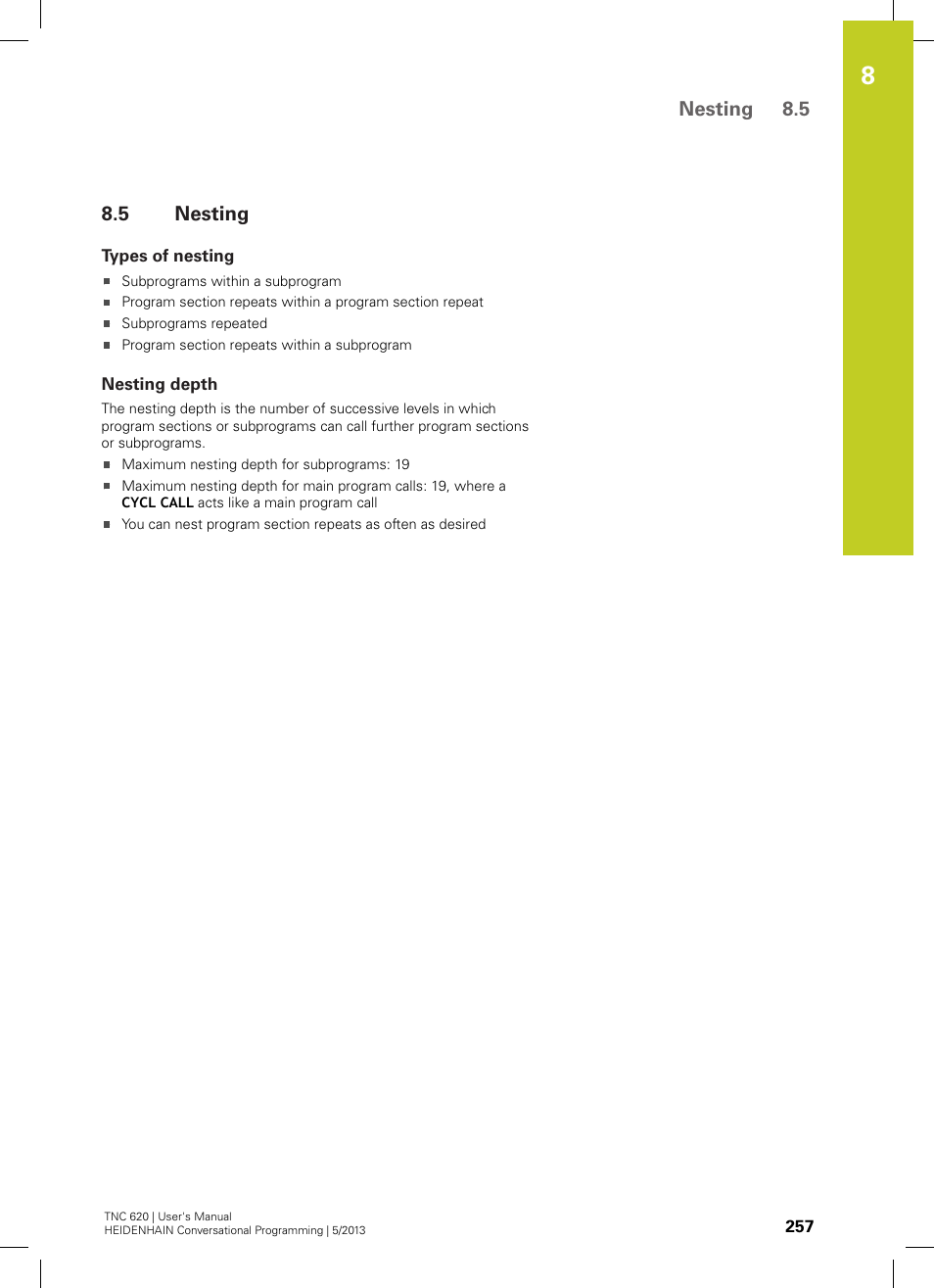 5 nesting, Types of nesting, Nesting depth | Nesting | HEIDENHAIN TNC 620 (73498x-02) User Manual | Page 257 / 599