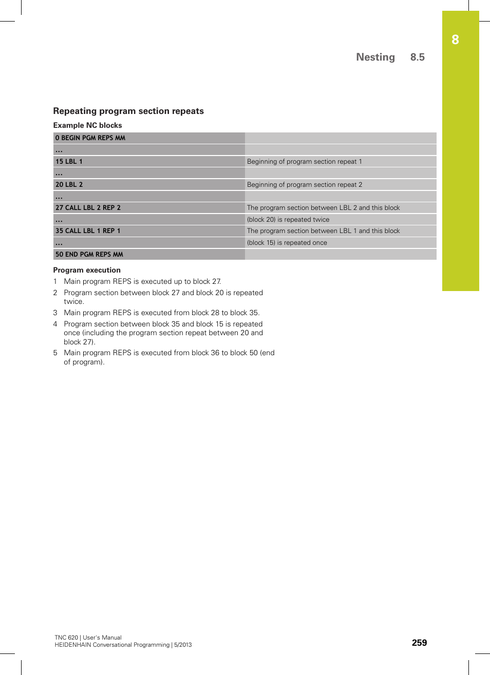 Repeating program section repeats, Nesting 8.5 | HEIDENHAIN TNC 620 (73498x-02) User Manual | Page 259 / 599