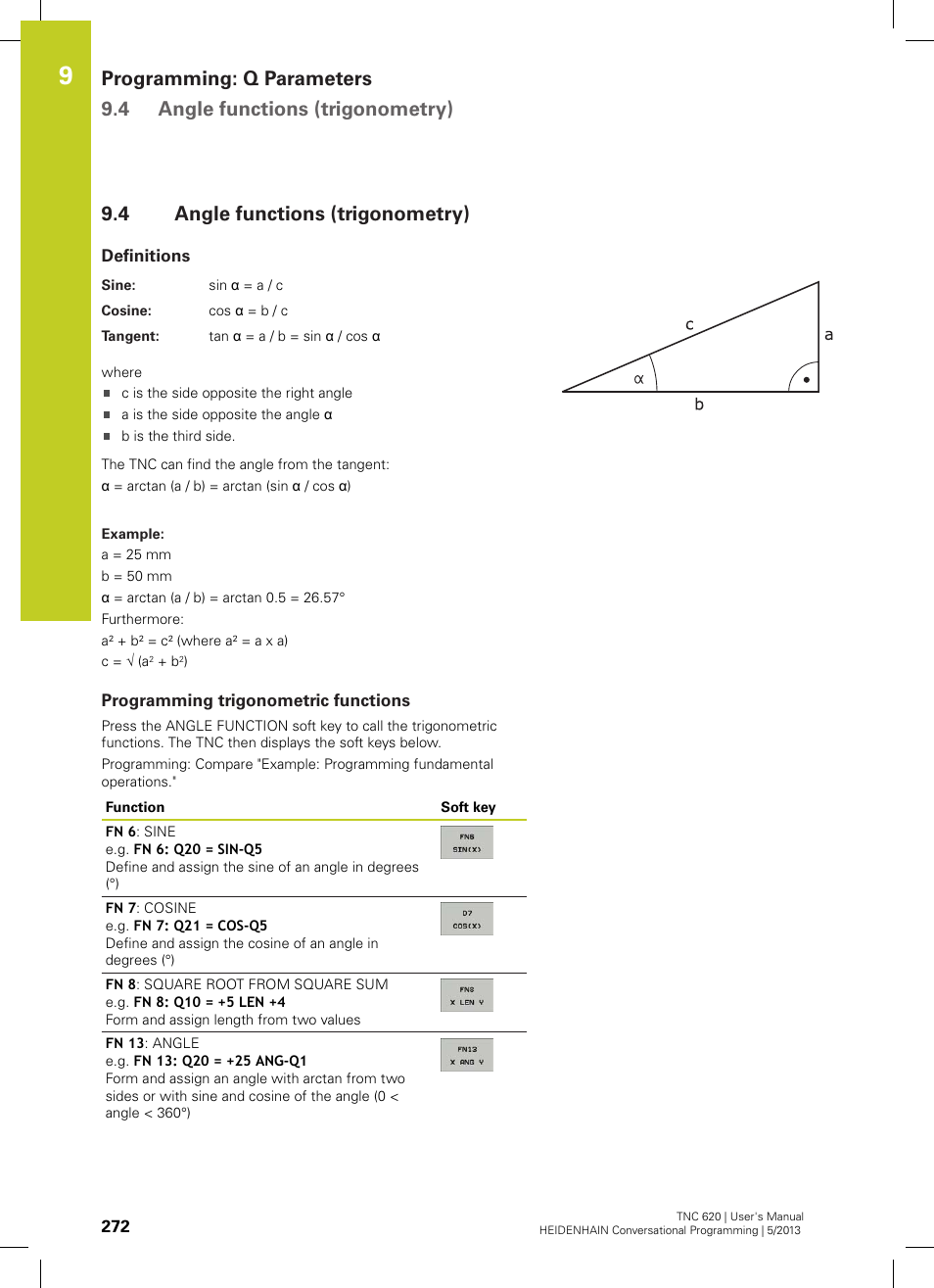 4 angle functions (trigonometry), Definitions, Programming trigonometric functions | Angle functions (trigonometry) | HEIDENHAIN TNC 620 (73498x-02) User Manual | Page 272 / 599