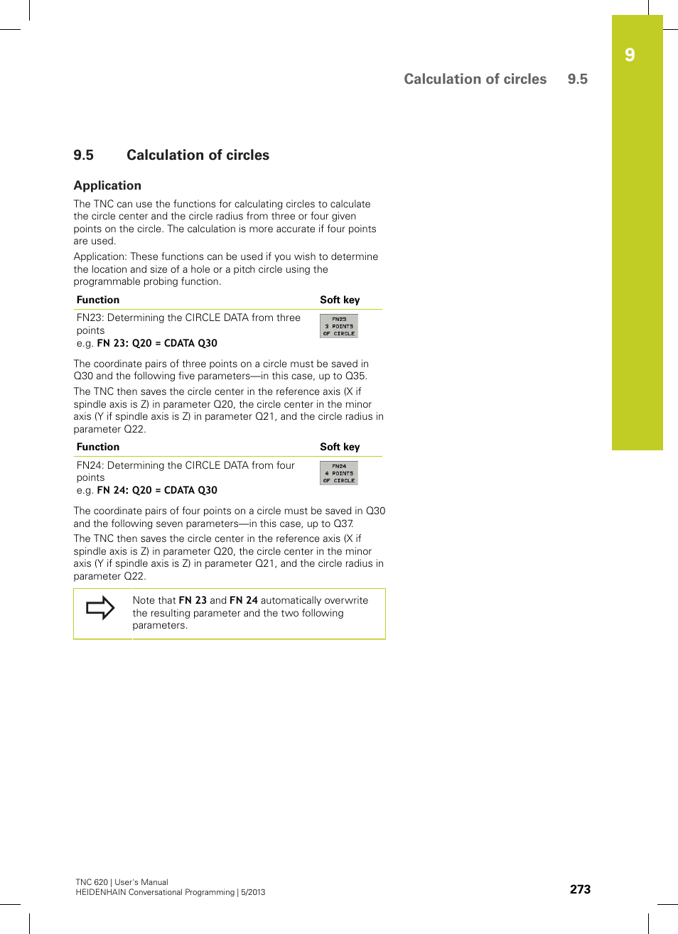 5 calculation of circles, Application, Calculation of circles | Calculation of circles 9.5 | HEIDENHAIN TNC 620 (73498x-02) User Manual | Page 273 / 599