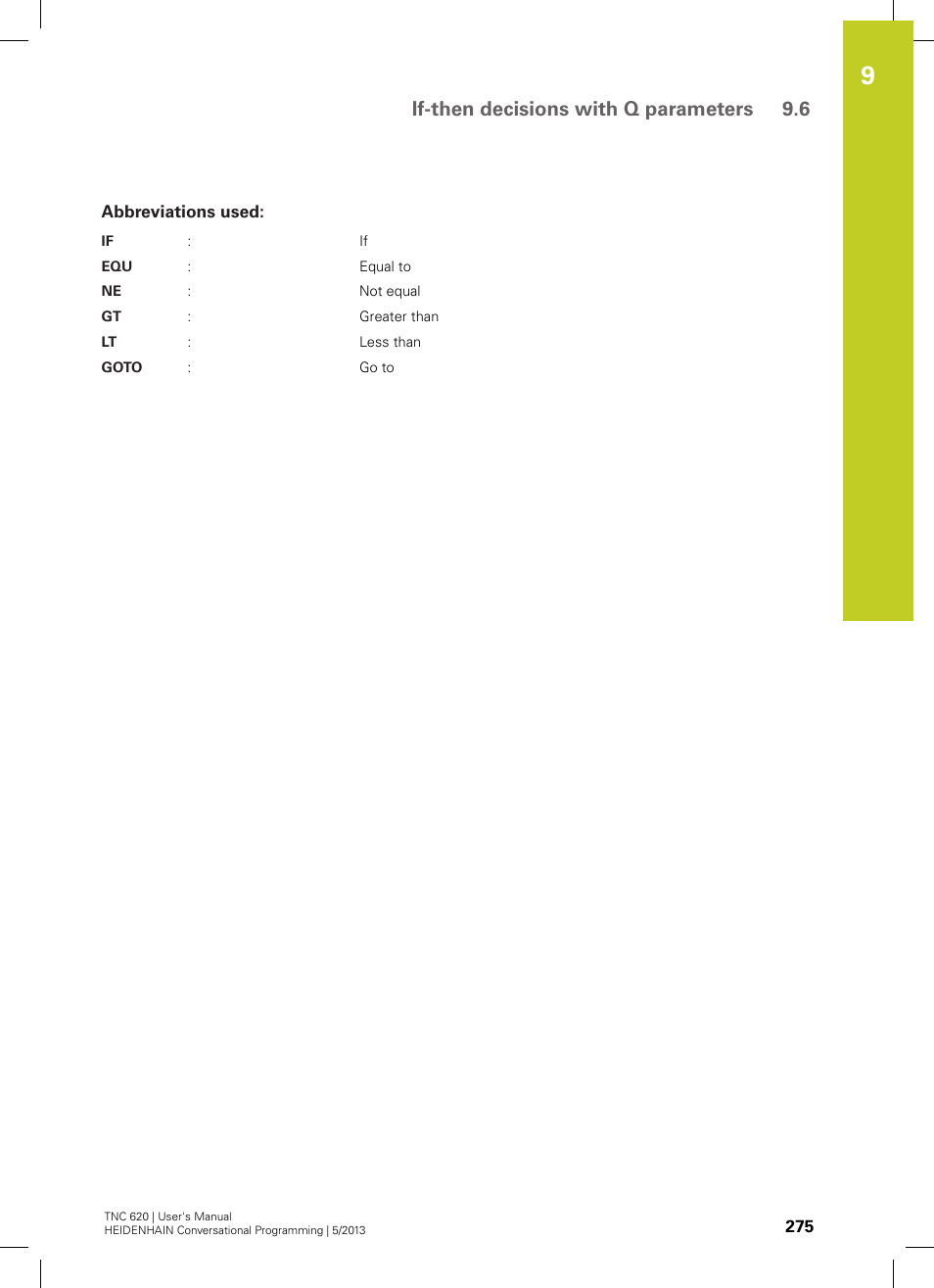 Abbreviations used, If-then decisions with q parameters 9.6 | HEIDENHAIN TNC 620 (73498x-02) User Manual | Page 275 / 599